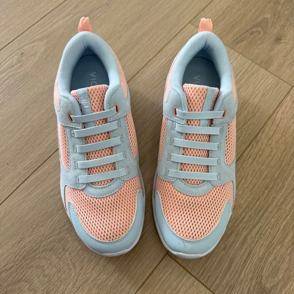 Vionic Womens Mesh Walking Sneakers Blue Peach Slip On Elastic Laces Orthotic 8 - Picture 4 of 10